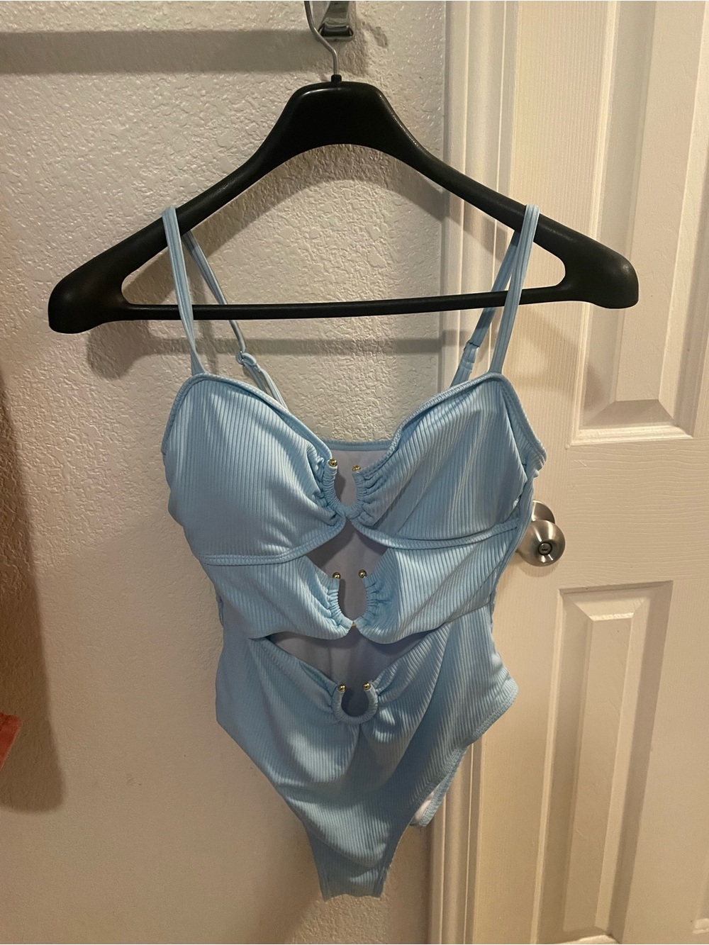 SHEIN Sky Blue Ribbed Cutout One-Piece Swimsuit with Ring Details